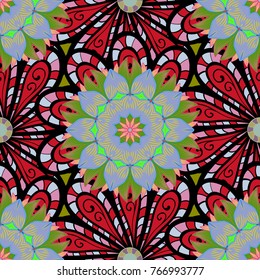 Vector ornate zentangle seamless texture, pattern with abstract floral mandalas on black, blue and red colors. Black, blue, red. For wallpaper, web page. Summer seamless pattern with stylized flowers.