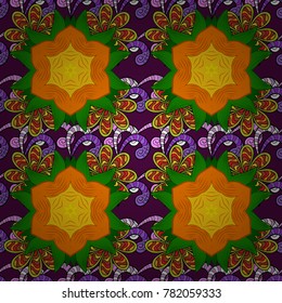 Vector ornate zentangle seamless texture, pattern with abstract floral mandalas on orange, green, yellow colors. For wallpaper, web page. Summer seamless pattern with stylized flowers.
