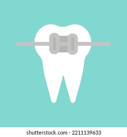 Vector Orthodontics. Tooth with metal braces and bracket system. Dental icon. Web pictogram for dentistry. Stomatology concept, logo or illustration. Orthodontist orthopedist specialization emblem.