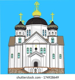 vector orthodox church with domes, crosses and bells isolated on a blue background