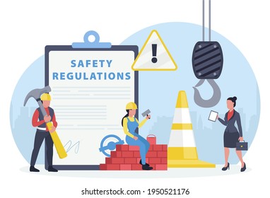 Vector Of An OSHA Inspector Visiting Construction Site To Assure Occupational Safety And Health Of Workers On The Job.