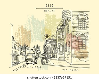Vector Oslo city, Norway travel postcard. Street in Norwegian capital downtown. Artistic Scandinavian improved refined travel sketch. Hand drawn vintage retro quiet European town poster illustration