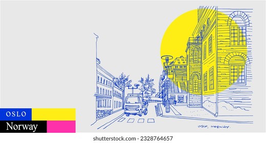 Vector Oslo, Norway, Scandinavia, Europe postcard. Street in downtown, old buildings. Artistic travel sketch in bright vibrant colors. Modern hand drawn touristic poster, banner, book illustration