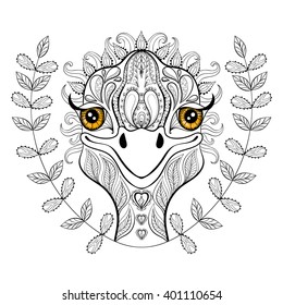 Vector ostrich for adult coloring page. Hand drawn funny ostrich head in floral frame for t-shirt print in zentangle style, tattoo design, ornamental logo. Patterned doodle with smiled ostrich face.