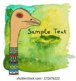 Vector ostrich on watercolor background. Vector illustration.