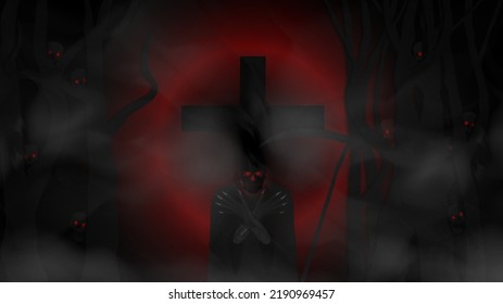 Vector otherworldly night scary poster. The black silhouette of death with red glowing eyes and a scythe. Dark dead forest, cross in a haze