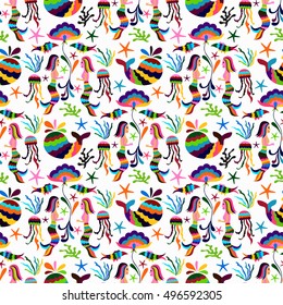 Vector Otomi Style Seamless Pattern with Marine Life