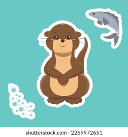 Vector of a Otter with a fish and bubbles of whater