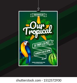 Vector Our tropical Flyer Design with parrot and element in the beach