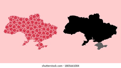 Vector outbreak mosaic and solid map of Ukraine. Map of Ukraine vector mosaic for quarantine campaigns and posters. Map of Ukraine is composed from red covid-2019 ojects.