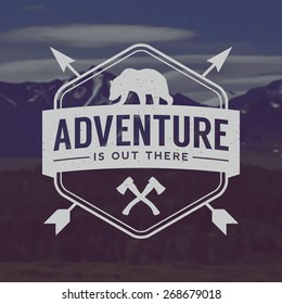 vector outdoor adventure emblem. outdoor activity symbol with grunge texture on mountain landscape background