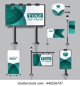 vector Outdoor advertising design for company with color circles Elements of stationery printing media Light box banner Roll Up flag White identity template background