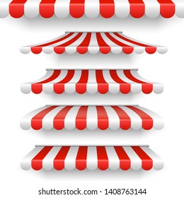 Vector outdoor awnings. Red and white stripes sunshades isolated on white background