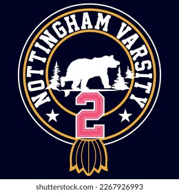vector outdoor camping and bear illustration for t-shirt printing Nottingham Varsity Dept. Sport team grizzly. fashion design.