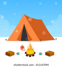 Vector outdoor camping concept with snow, vector illustration