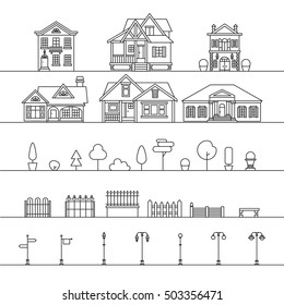 Vector outdoor elements: houses, fences, trees, street signs and lamps. Street elements isolated on white.