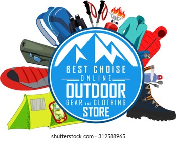 vector outdoor gear store emblem with type design and clothing and equipment