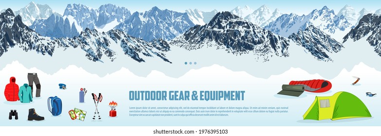 vector outdoor gear store illustration with type design and clothing and equipment