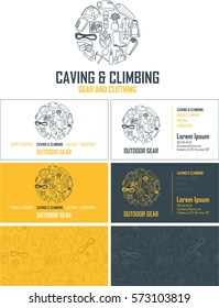 Vector outdoor gear visiting card. Business card set with abstract seamless background pattern. Corporate identity template with caving and climbing line icons logo.