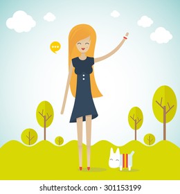 Vector outdoor illustration with pretty girl and her dog. Flat design.