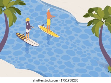 Vector outdoor landscape with two people on stand up paddle boards. Sup surfers isometric concept scenery with sea and palm trees