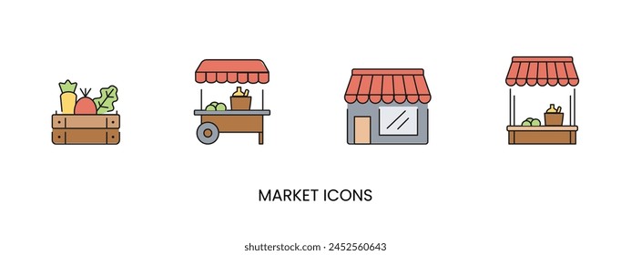 Vector outdoor market, shop icon, box with vegetables and fruit icon in solid, gradient and line styles and lineal color. Trendy colors. Isolated on a white background. Editable stroke