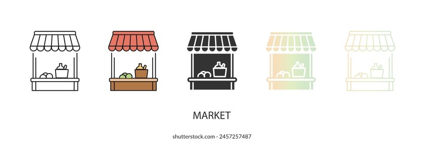 Vector outdoor market, shop icon, box with vegetables and fruit icon in solid, gradient and line styles and lineal color. Trendy colors. Isolated on a white background. Editable stroke