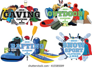 vector outdoor rafting caving snowsport gear store emblem set