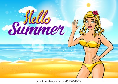 vector. Outdoor summer sunny bikini fashion smiling portrait of pretty young blonde girl. the beach on tropic island vacation saying hello summer art