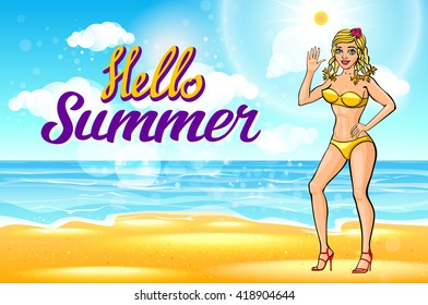 vector. Outdoor summer sunny bikini fashion smiling portrait of pretty young blonde girl. the beach on tropic island vacation saying hello summer art