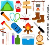 Vector of Outdoor Travel Camping. Tent, storm lantern, sign, flashlight, knife, trekking boots, axe, sleeping bag, fire, thermal. Set of cute and colorful icon collection isolated on white background
