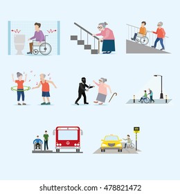 Vector outdoors life rehabilitation activity of elderly and person with a disability toilet, Stair, Slope, Thief, Bus, Taxi.