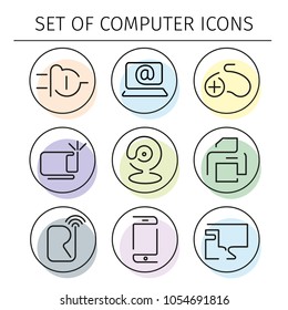 Vector outline 9 icons thin flat design, modern line stroke style. Computer theme collection.