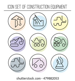 Vector outline 9 icons in a thin flat modern line stroke style. Collection of construction machinery images.