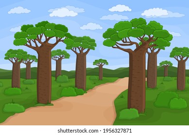 Vector outline African Madagascar baobab street. Doodle cartoon hand drawn landscape illustration of trees, sky, road, African plants, bushes, clouds, grass