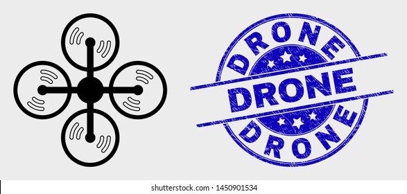 Vector outline air copter icon and Drone seal stamp. Blue rounded textured stamp with Drone title. Black isolated air copter icon in outline style.