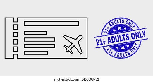 Vector outline airticket icon and 21+ Adults Only watermark. Blue rounded scratched seal with 21+ Adults Only message. Black isolated airticket icon in outline style.