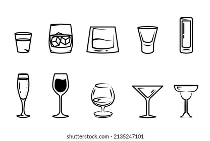 Vector outline alcohol glasses icon set. Types of alcohol drinks glasses. Design elements for menus, pubs, postcards, advertising. Various glasses for alcoholic drinks in doodle style