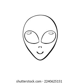 Vector outline alien head with big eyes in Doodle style. Simple illustration, clip art on theme of UFO, space, kids design. Black contour isolated on white background