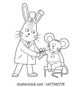 Vector Outline Animal Doctor Treating Patient. Rabbit Applying Bandage To Mouse’s Hand. Cute Funny Characters. Medicine Coloring Page For Children. Hospital Scene Isolated On White Background