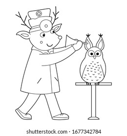 Vector outline animal doctor treating patient. Deer checking owl’s ears. Cute funny characters. Medicine coloring page for children. Hospital scene isolated on white background