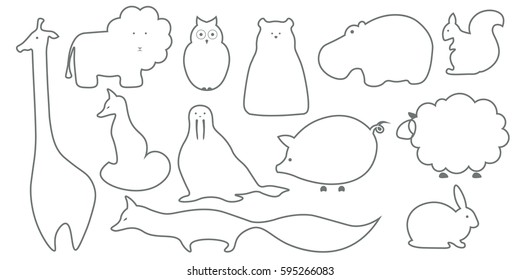 Vector outline animals design background. Cute template with fox, giraffe, lion, owl, hippo, polar bear, squirrel walrus pig rabbit sheep
