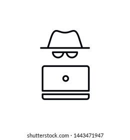 Vector outline anonymous icon. An incognito face in hat and glasses with laptop isolated on white background. Concept of web anonymity, cyber security and theft, fraud protection, hacker activity.