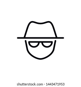 Vector outline anonymous icon. An incognito face in hat and glasses isolated on white background. Concept of anonymity, agent detective, theft, fraud protection, hacker activity.