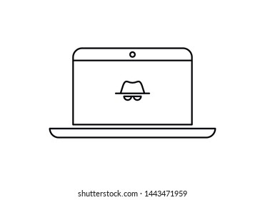 Vector Outline Anonymous Icon. An Incognito Face In Hat And Glasses On Laptop Screen Isolated On White Background. Concept Of Web Vpn Service, Cyber Security And Theft, Fraud Protection, Hacker.