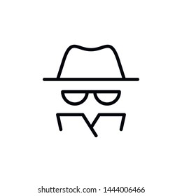 Vector Outline Anonymous Icon. An Incognito Person In Hat And Glasses In Coat Isolated On White Background. Concept Of Anonymity, Agent Detective, Theft, Fraud Protection, Hacker Activity.