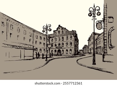 Vector outline. The architectural landscape of the old streets of the city