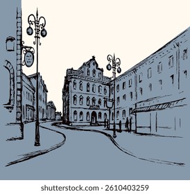 Vector outline. The architectural landscape of the old streets of the city