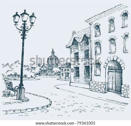 Vector outline. The architectural landscape of the old streets of the city