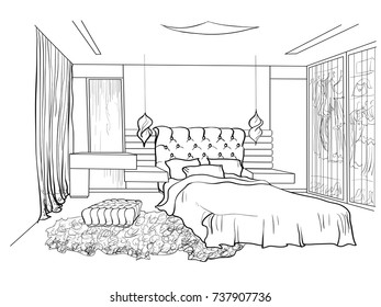 Vector outline architectural sketch black line interior furniture fashionable cozy modern bedroom with bed, wardrobe with clothes, hanging lamps, chic rug and mirror
